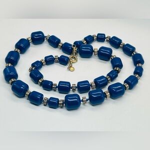 J Crew Navy Blue Plastic Beaded Necklace Rhinestone Barrel Spacer Beads Strand
